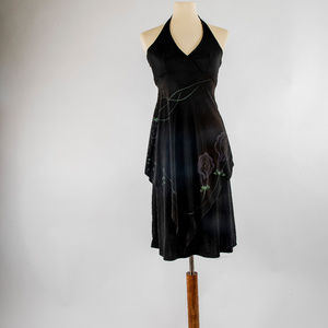 Vintage Black Halter Dress with Dark Purple Roses
